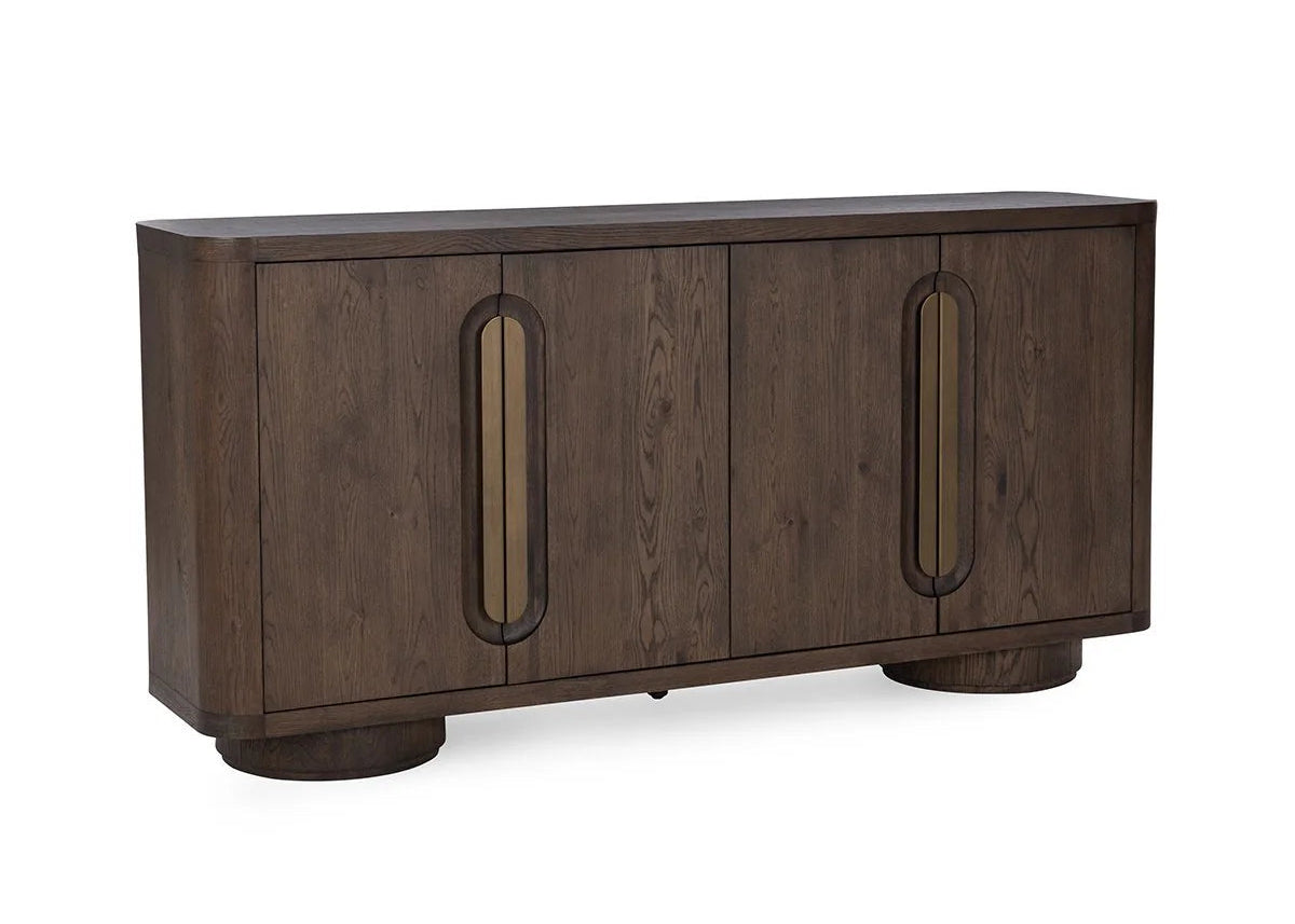 Wooden sideboard with curved design on a white background