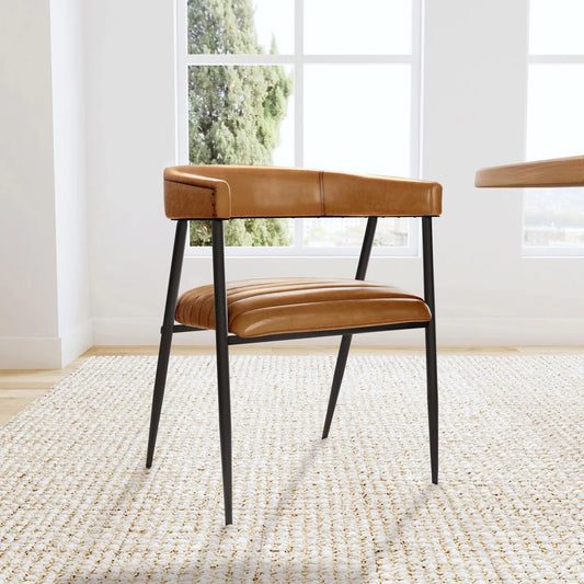 Brown leather chair with black legs on a white background