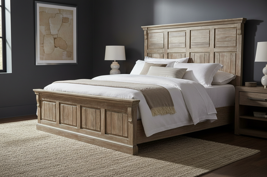 Wooden bed frame with a white mattress on a white background
