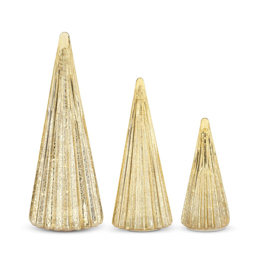Set of 3 Ribbed Gold LED Mercury Glass Trees