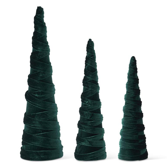 Set of 3 Dark Green Velvet Spiraled Cone Trees