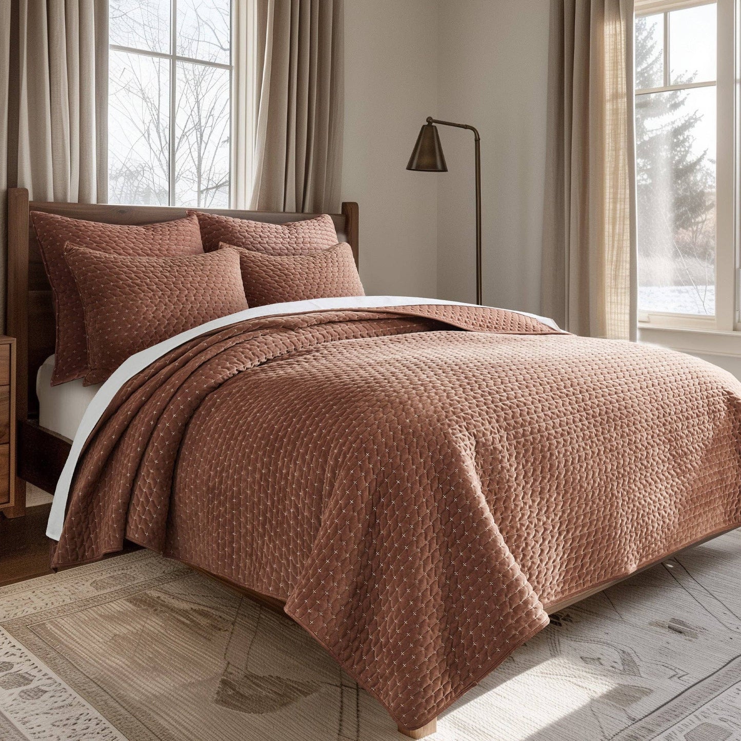 Taupe King Velvet Stitch Quilt Set