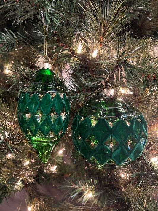 Emerald Glass Flock Diamond Ornament (Various Styles)