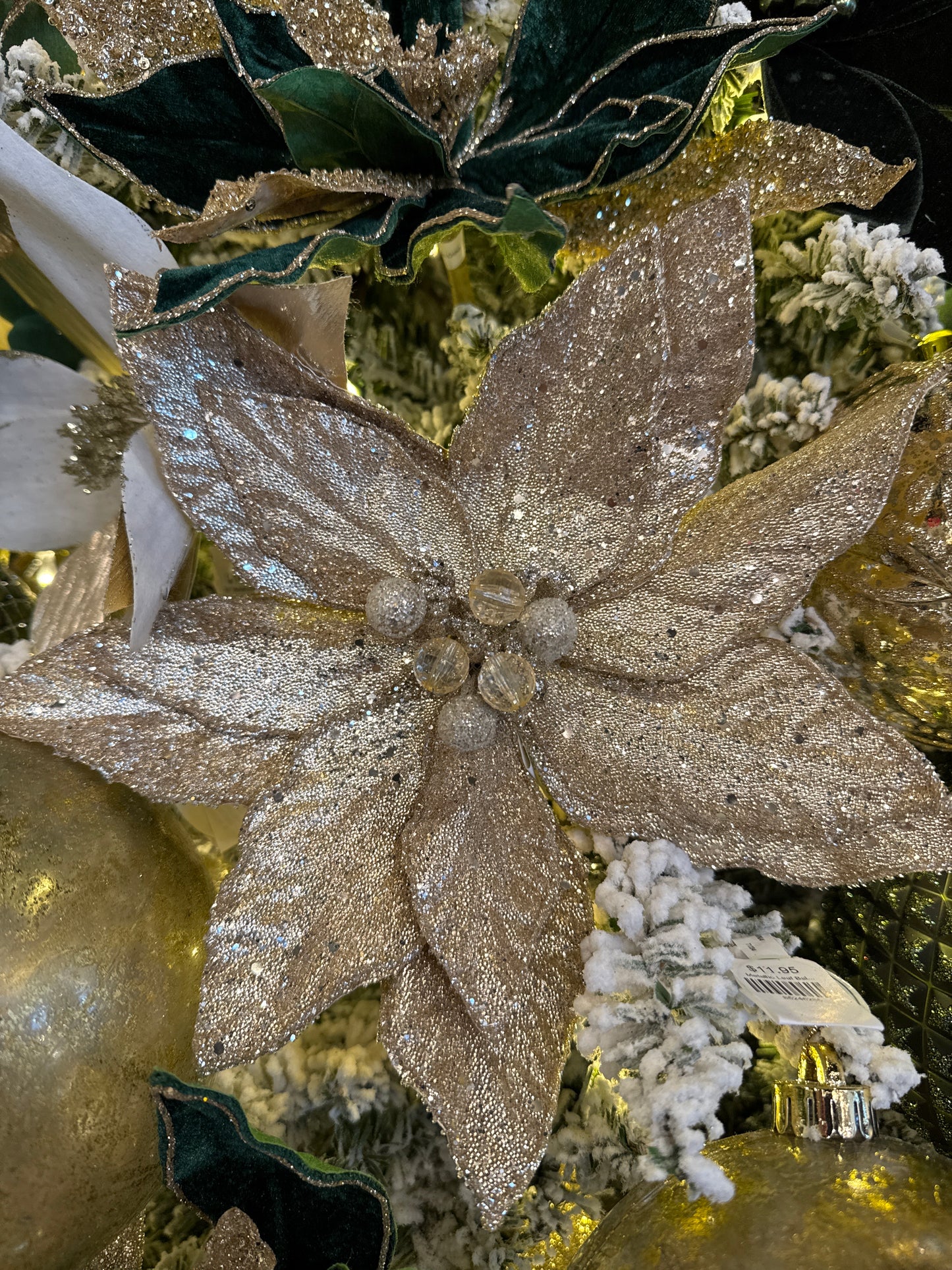 24" Micro Beaded Sequin Poinsettia Stem, Champagne