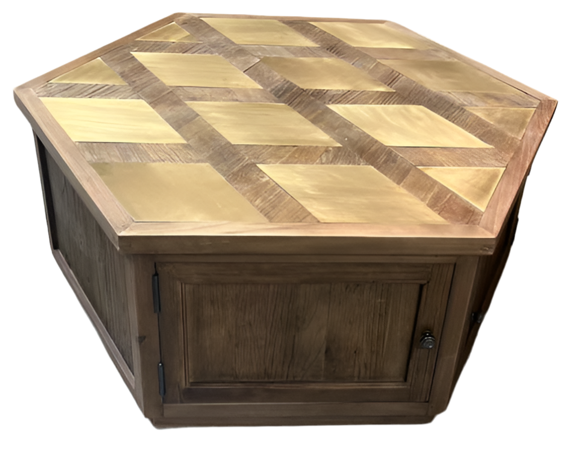 Gold Metal & Solid Wood Hexagon Table