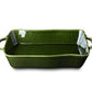 Green rectangular ceramic baking dish on a white background