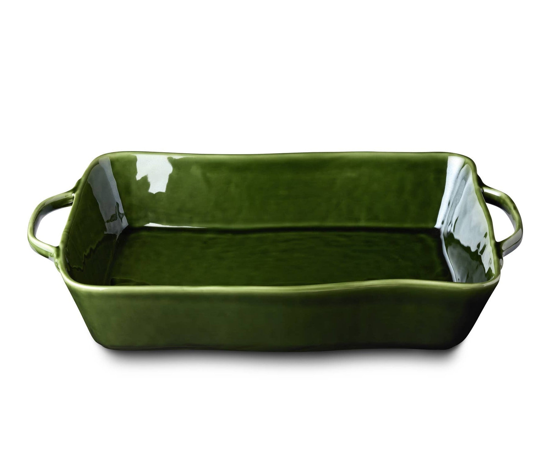 Green rectangular ceramic baking dish on a white background