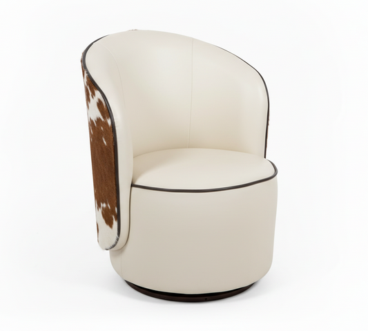 Chair with white cushion and brown cowhide pattern on a white background