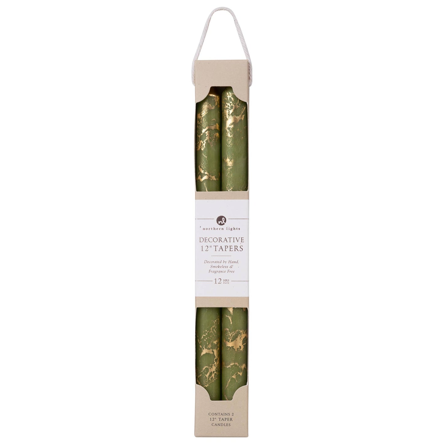 12" Moss Green w/ Gold Taper Candles (Pack of 2)