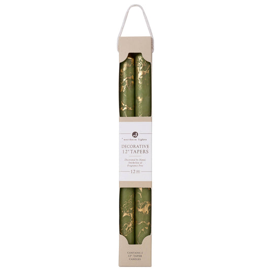 12" Moss Green w/ Gold Taper Candles (Pack of 2)