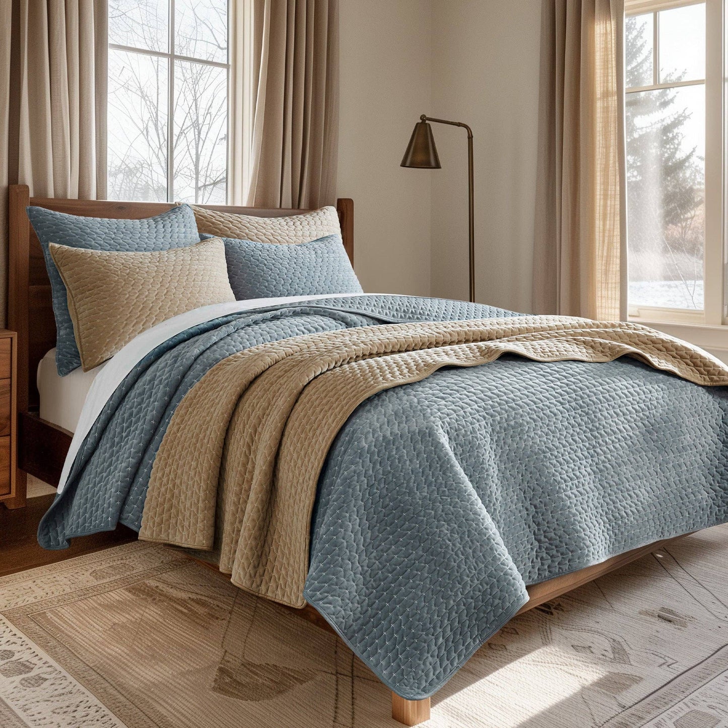 Taupe Queen Velvet Stitch Quilt Set