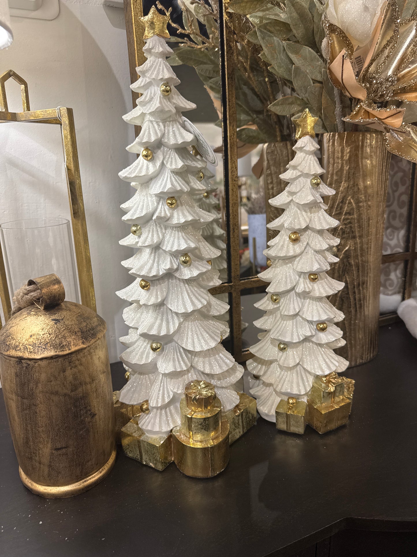 White Glittered Resin Tree with Gold Packages