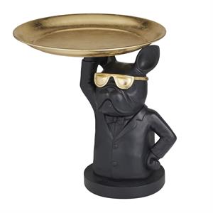 Black Bulldog Statue with Gold Tray