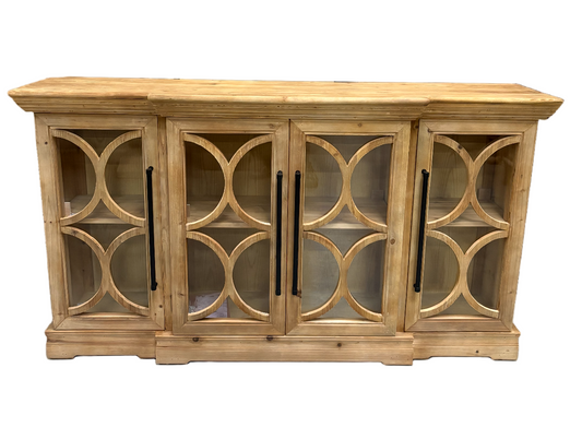 Wooden cabinet with decorative glass panels on a white background