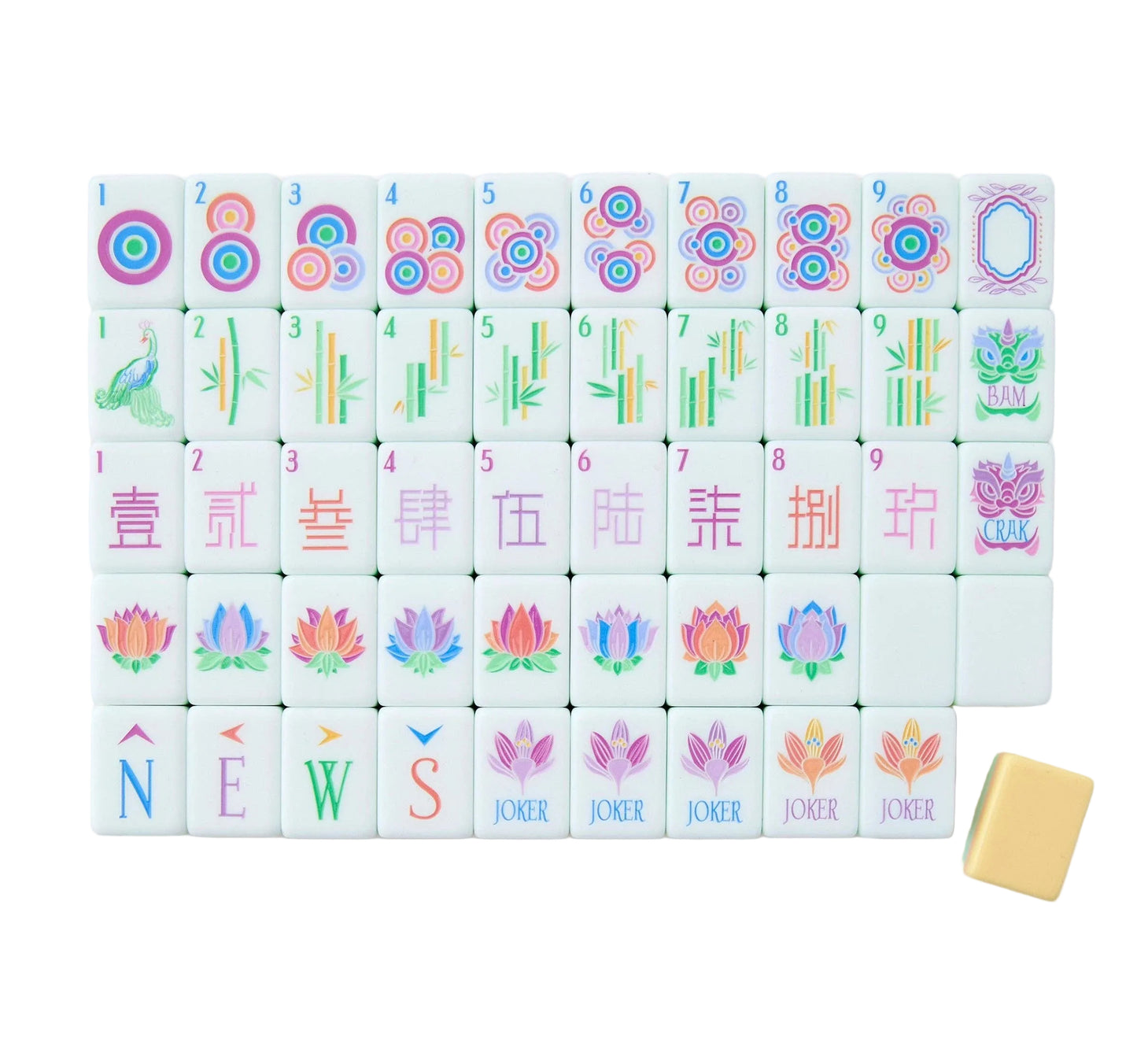 Set of colorful Mahjong tiles with numbers and symbols on a white background