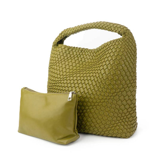 The Willow | Large Woven Vegan Leather Tote with Pouch Bag: Olive