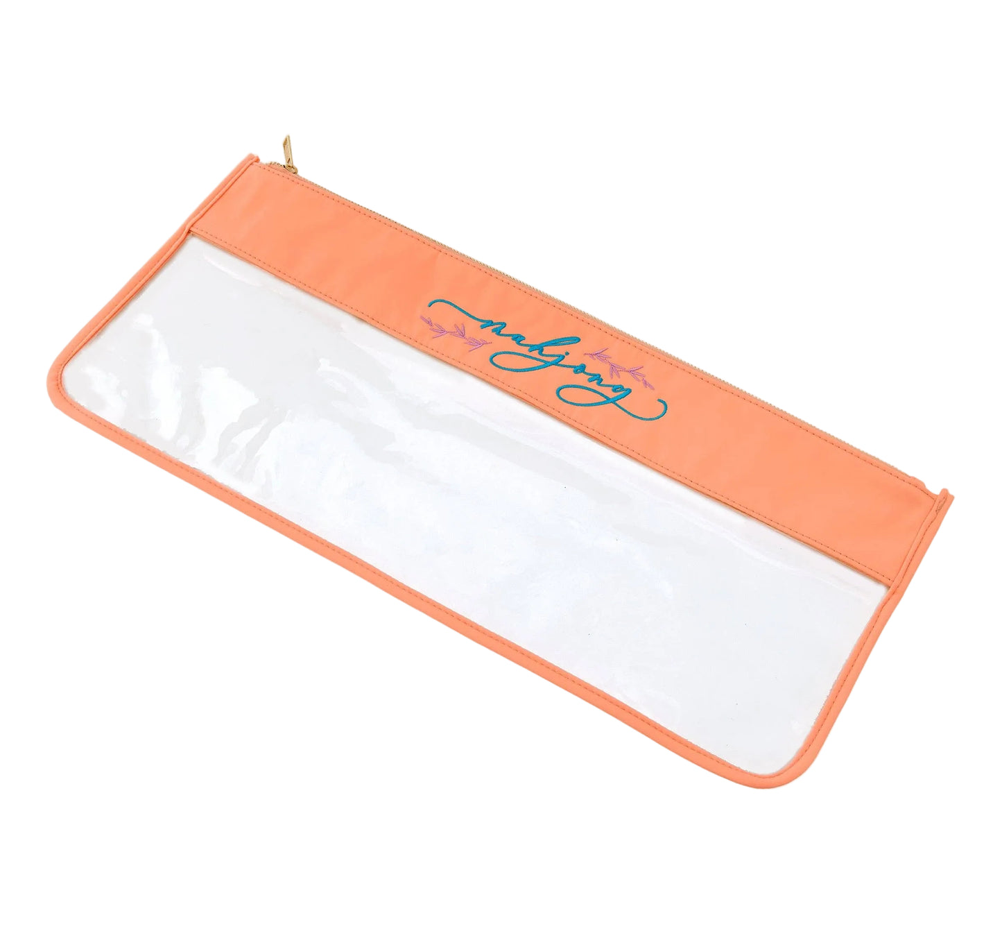 Mahjong tile pouch with orange border and white interior on a white background
