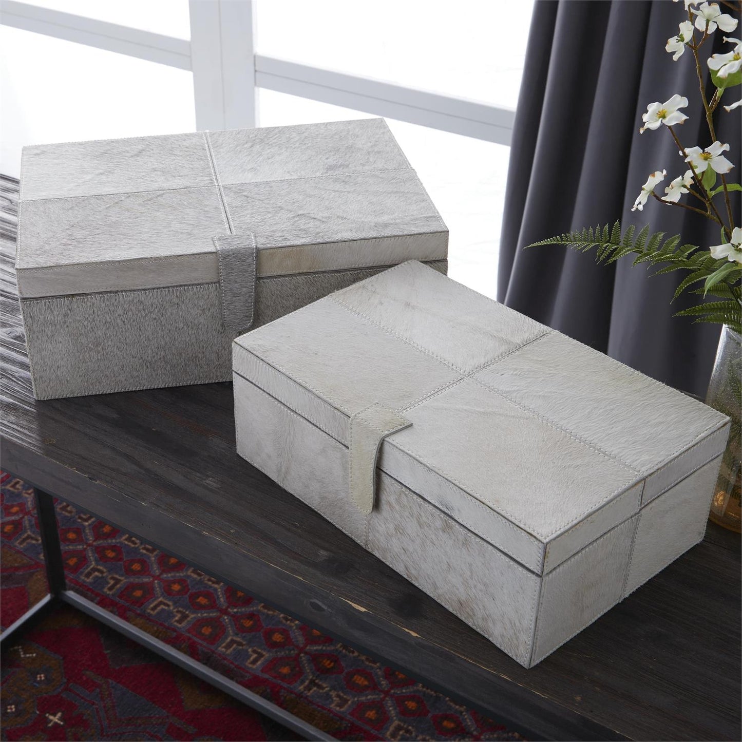 Gray Leather Boxes, Set of 2