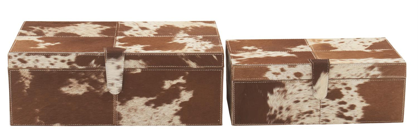 Set of 2 Brown Leather Cowhide Boxes