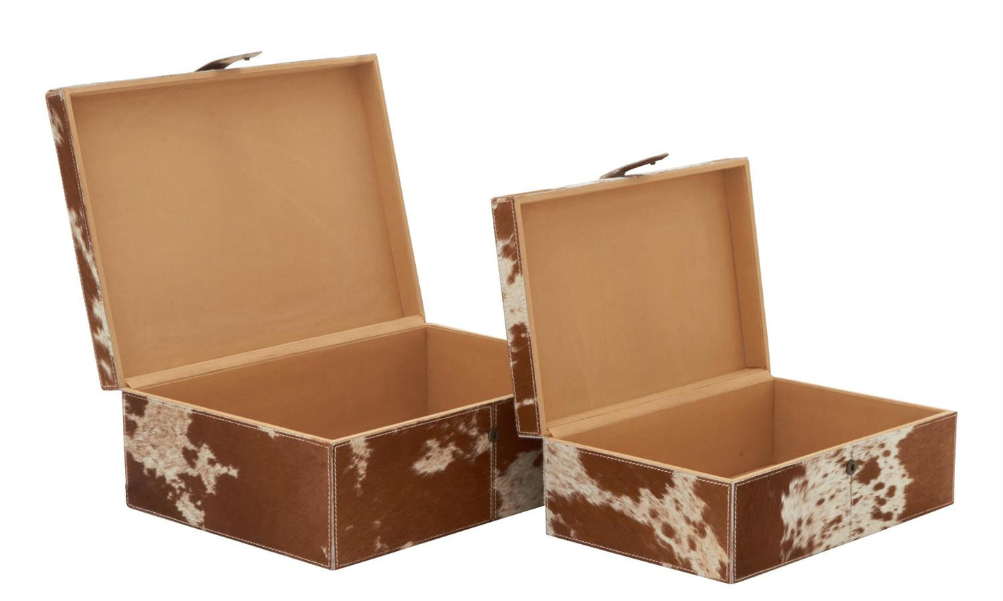 Set of 2 Brown Leather Cowhide Boxes