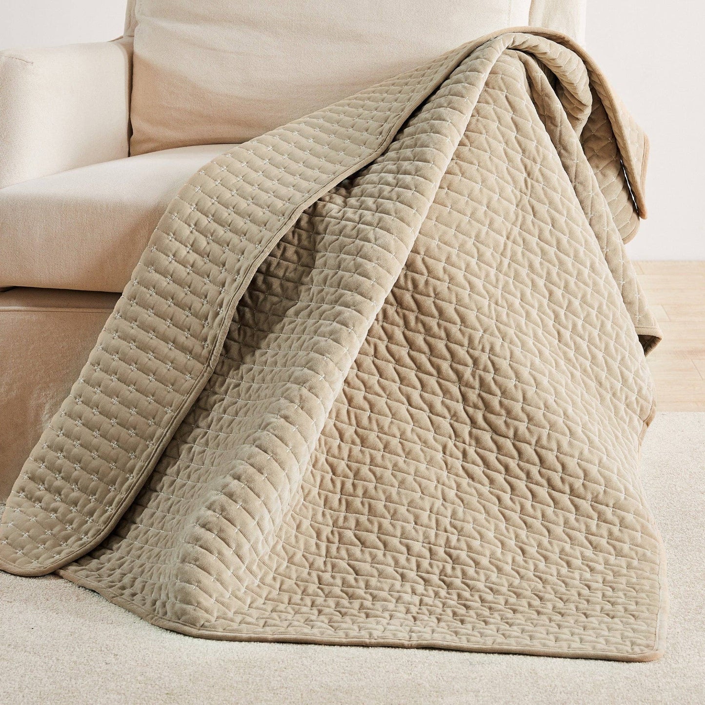 Velvet Stitch Quilted Throw Blanket, Taupe