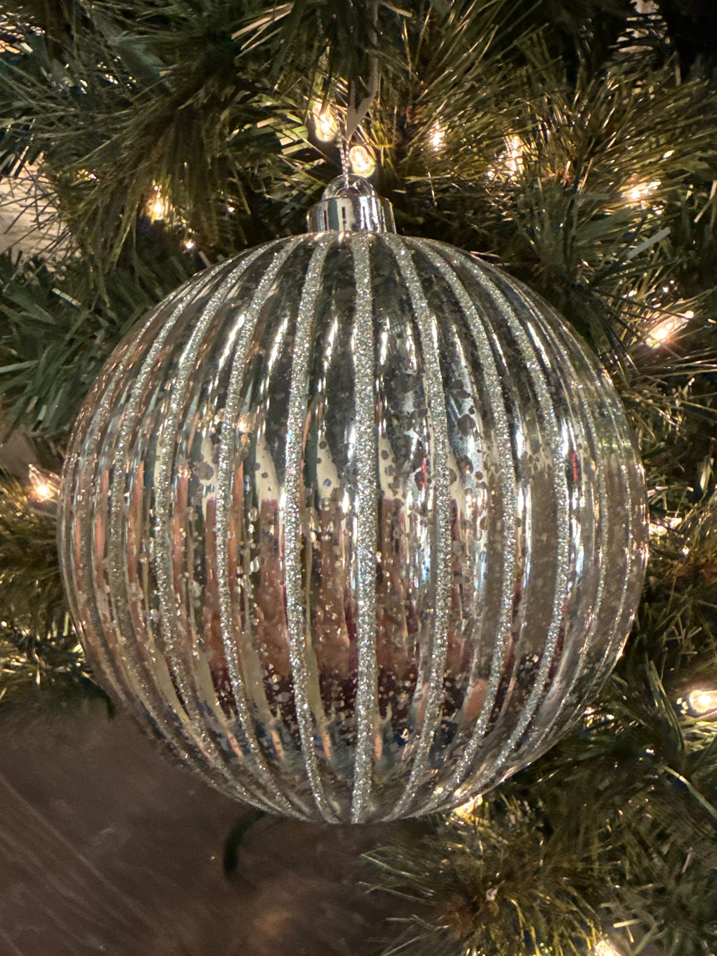 Ridged Mercury Glitter Stripe Ball Platinum Ornament, 140MM, Platinum