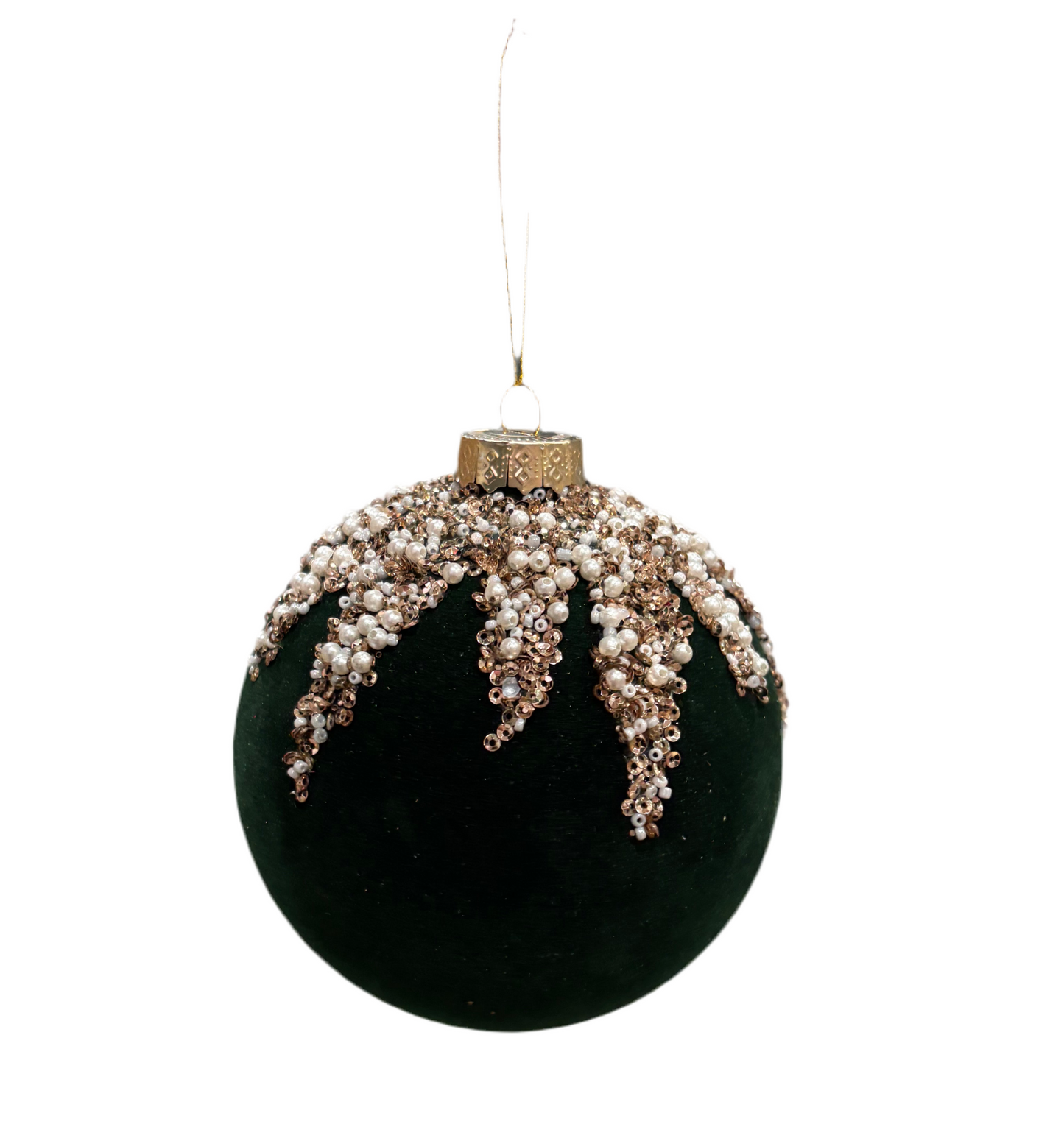 Flocking & Bead Glass Ball Ornament, Hunter Green