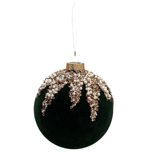Flocking & Bead Glass Ball Ornament, Hunter Green
