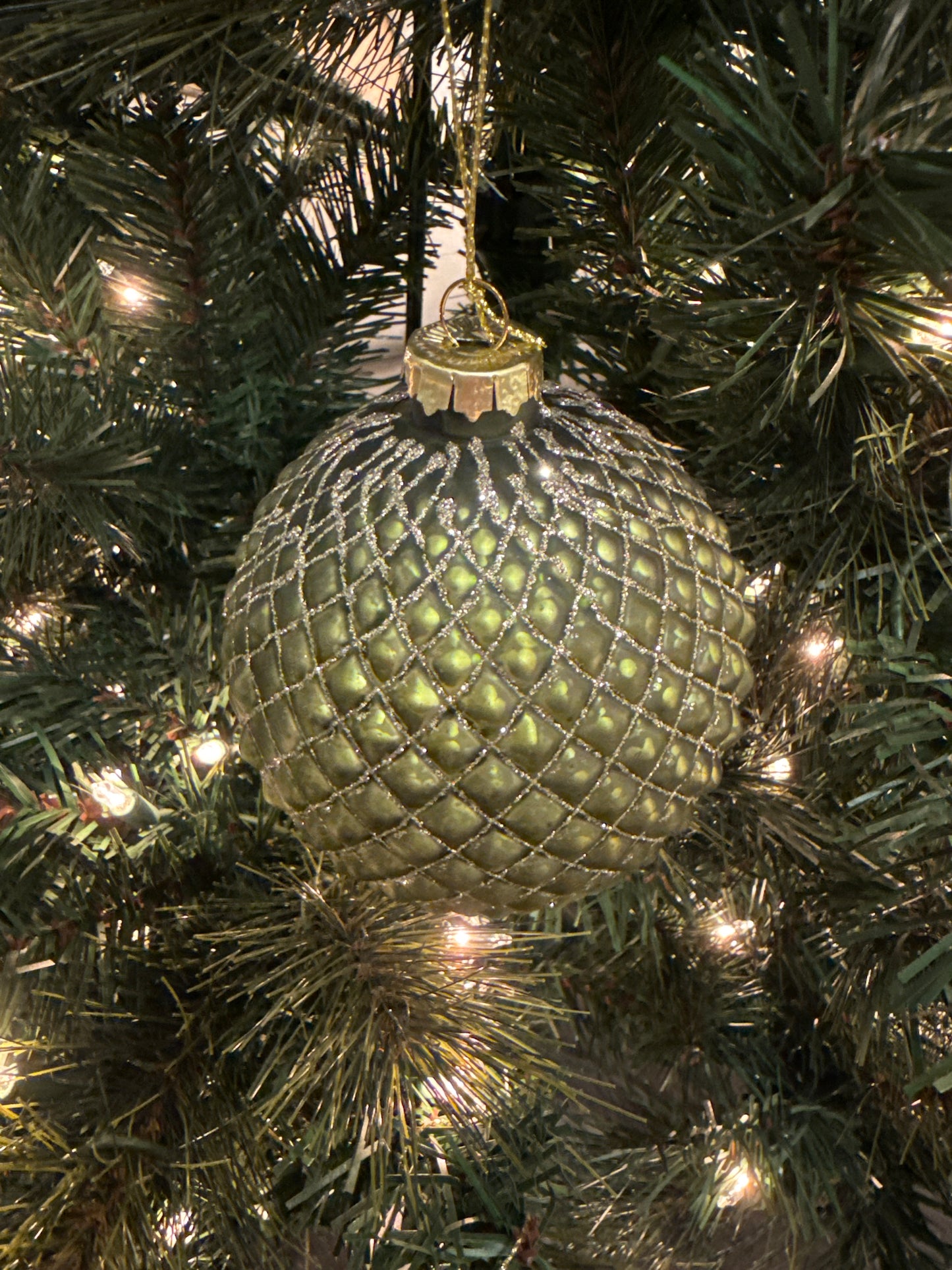 4" Glass Quilted Glitter Check Ball Ornament, Green/Gold