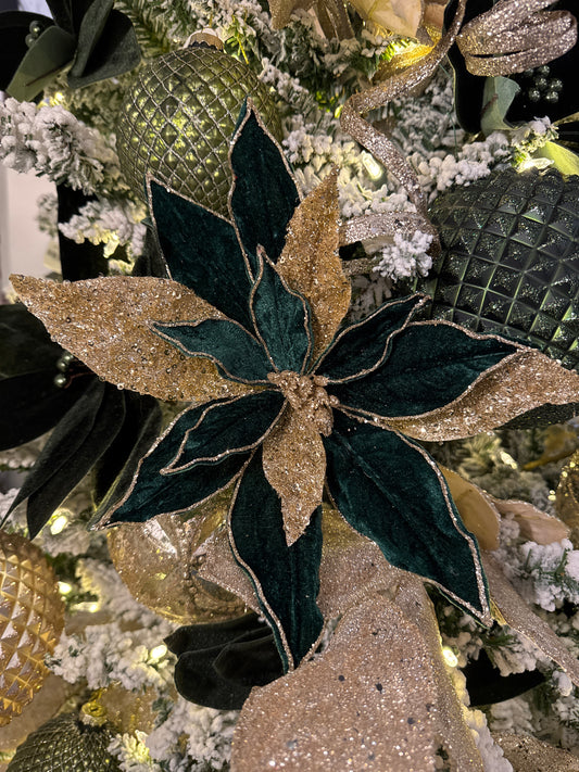 24" Regal Velvet Glitter Poinsettia Stem, Green/Gold