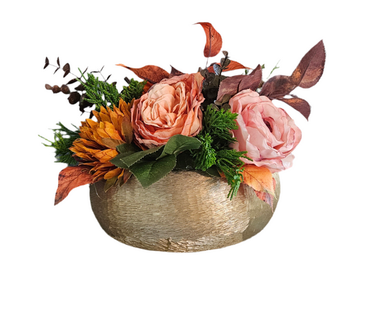 Fall Centerpiece in Gold Bowl Container