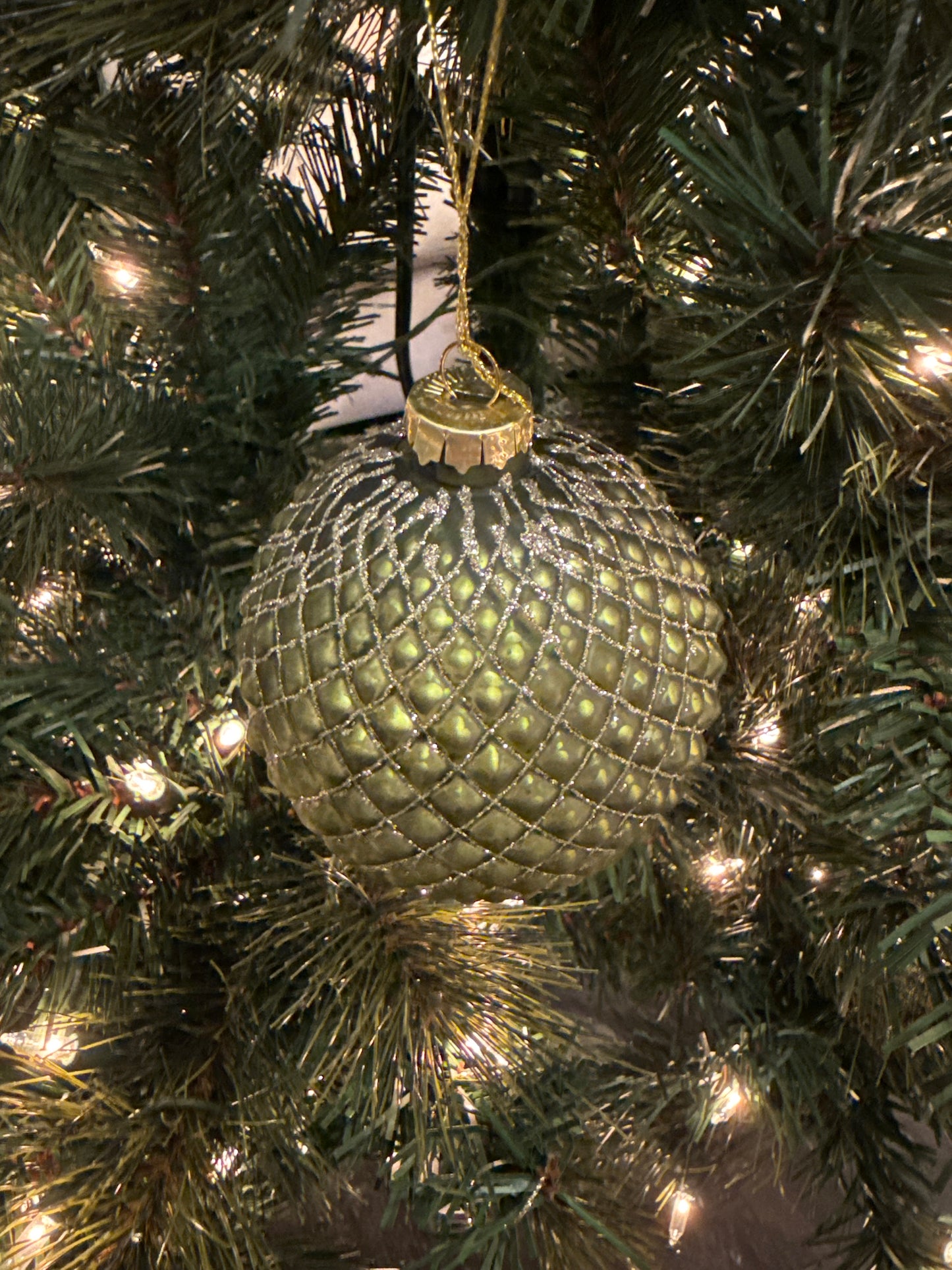 4" Glass Quilted Glitter Check Ball Ornament, Green/Gold