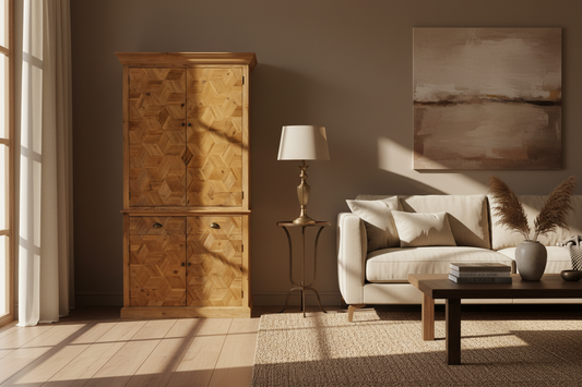 Wooden cabinet with geometric pattern on a white background