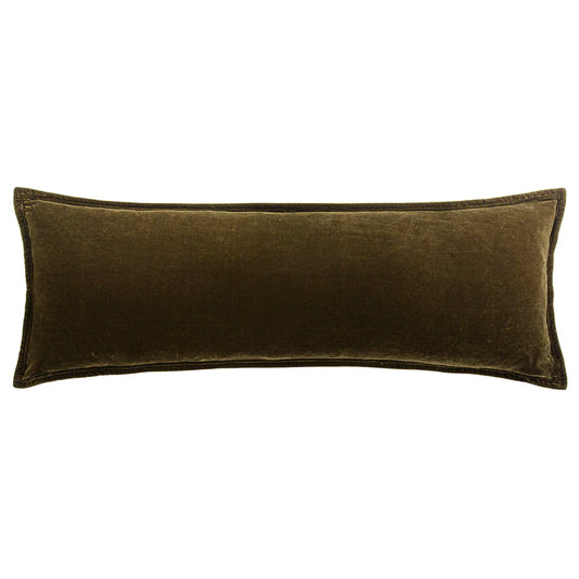 Stella Faux Silk Velvet Long Lumbar Pillow, Green Ochre
