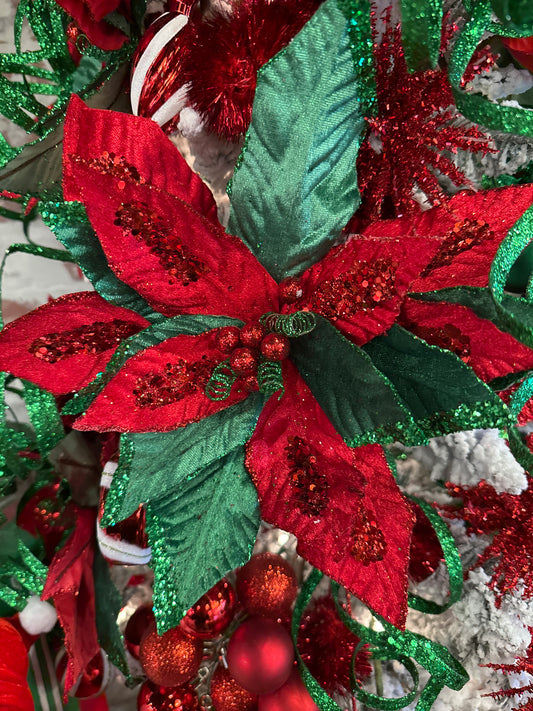 22" Classic Velvet Poinsettia Stem, Red/Green