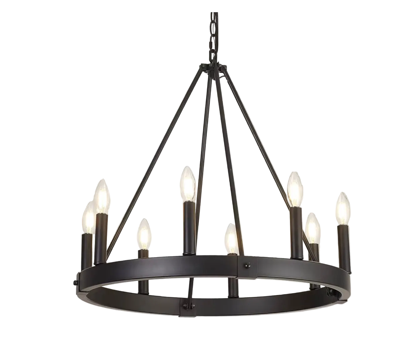 Black chandelier with multiple lights on a white background
