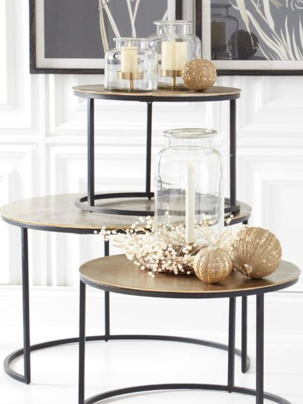 Round Gold Top Black Nesting Tables with Metal Base, Set of 3