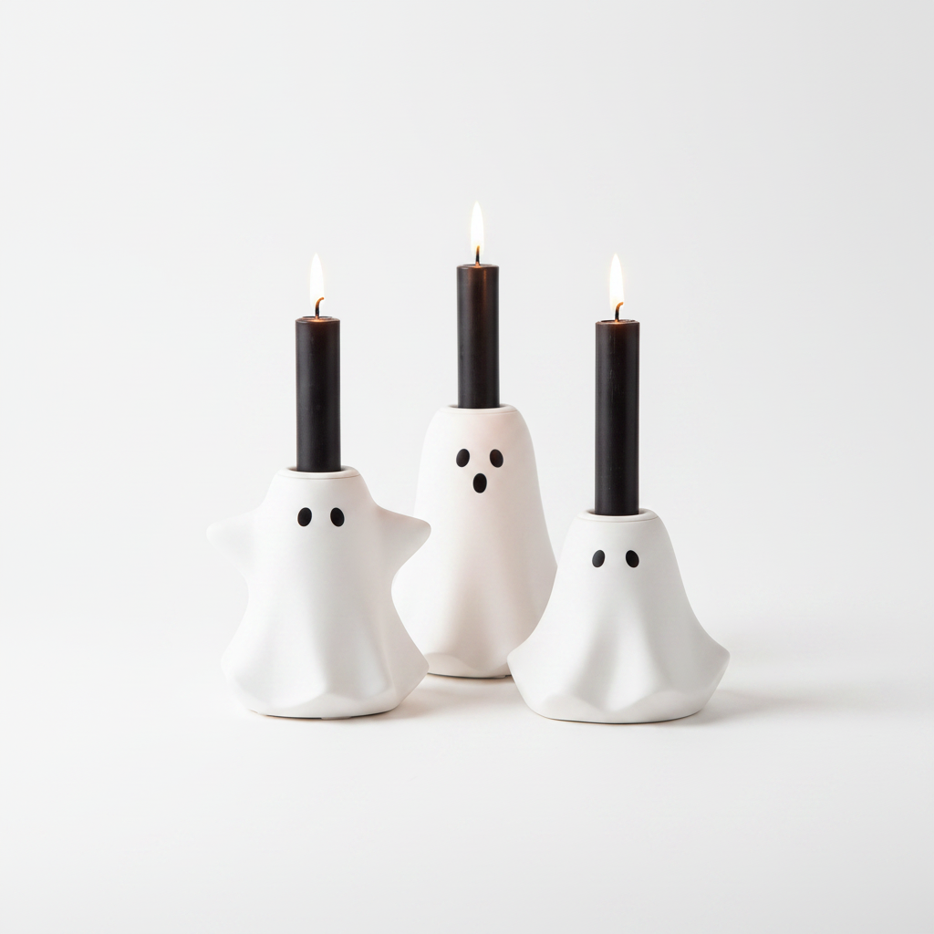 White Ceramic Ghost Candleholders, Set of 3