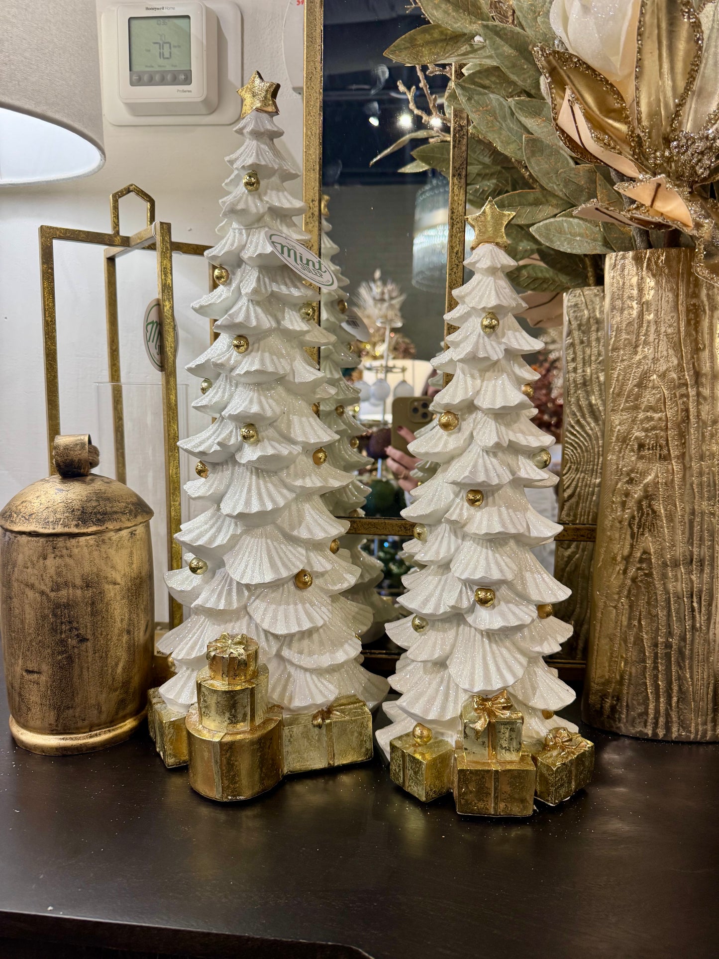White Glittered Resin Tree with Gold Packages
