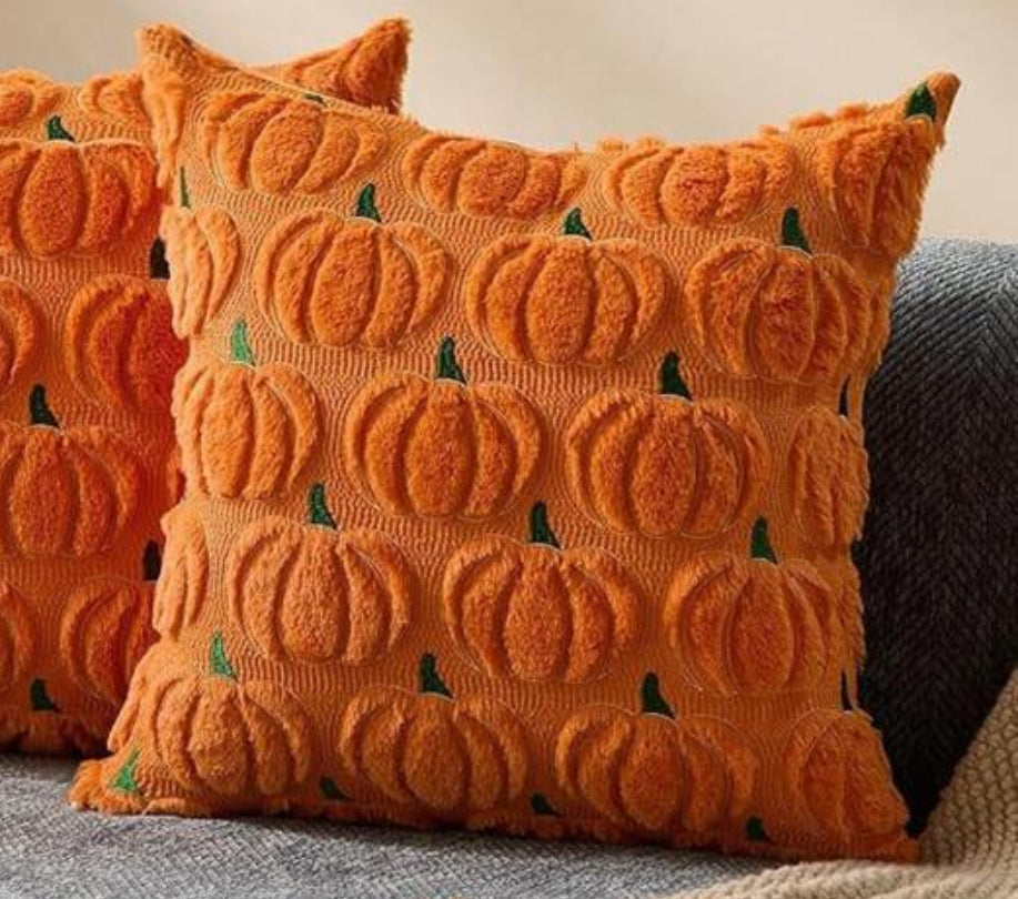 Fuzzy Pumpkin Pillow, Orange w/ Green and Yellow