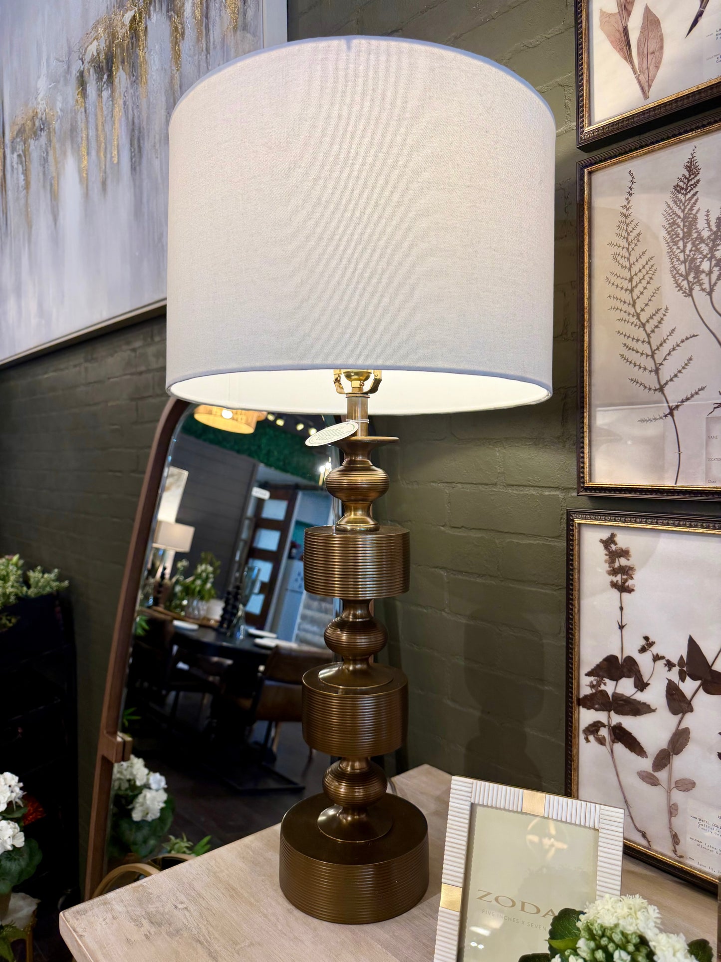 33.5" Antiqued Gold Ribbed Lamp w/ White Shade