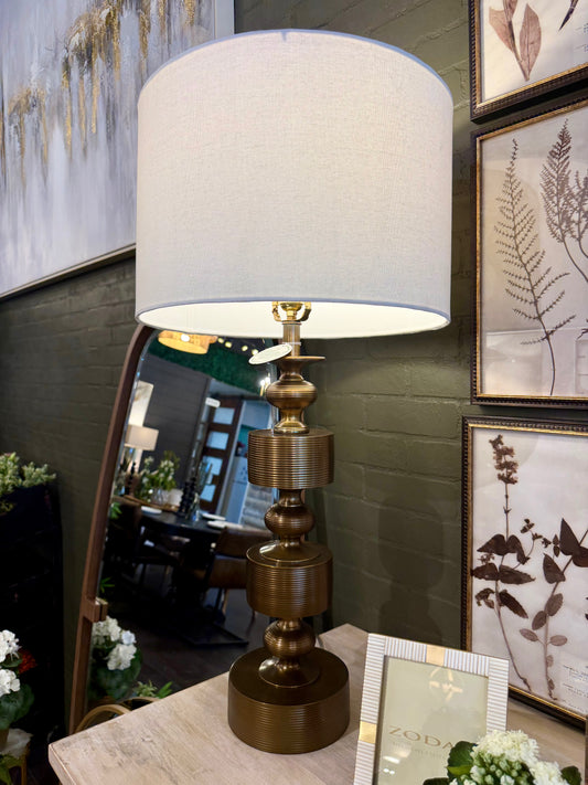 33.5" Antiqued Gold Ribbed Lamp w/ White Shade