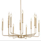 Gold chandelier with multiple candle-style lights on a white background
