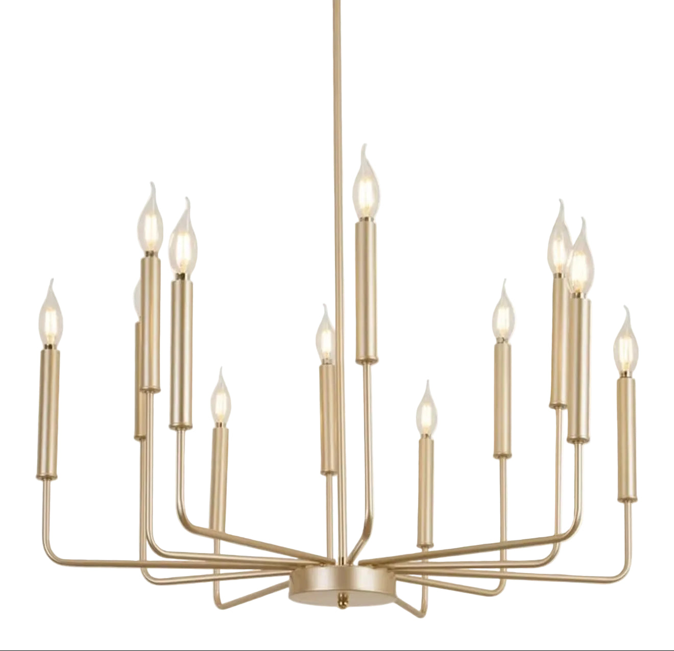Gold chandelier with multiple candle-style lights on a white background