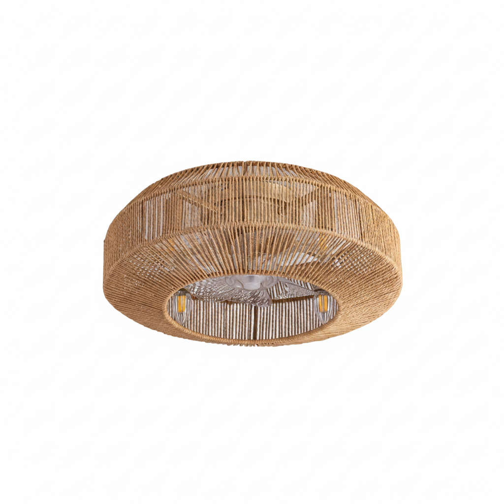 Woven rattan ceiling light fixture on a neutral background
