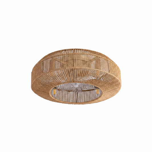 Woven rattan ceiling light fixture on a neutral background