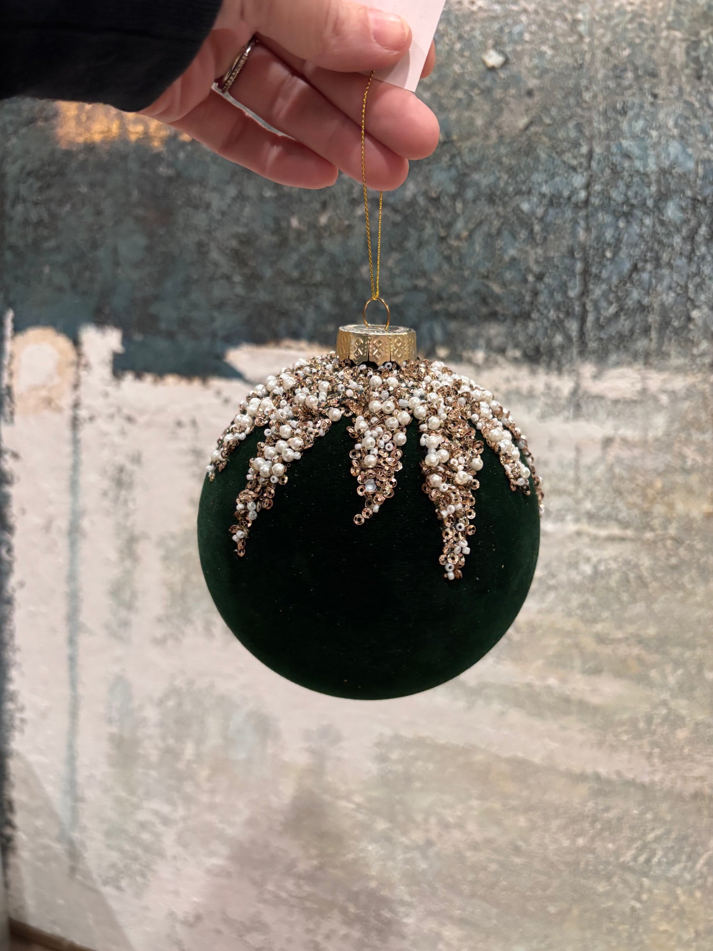 Flocking & Bead Glass Ball Ornament, Hunter Green