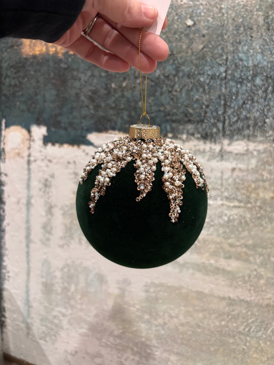 Flocking & Bead Glass Ball Ornament, Hunter Green