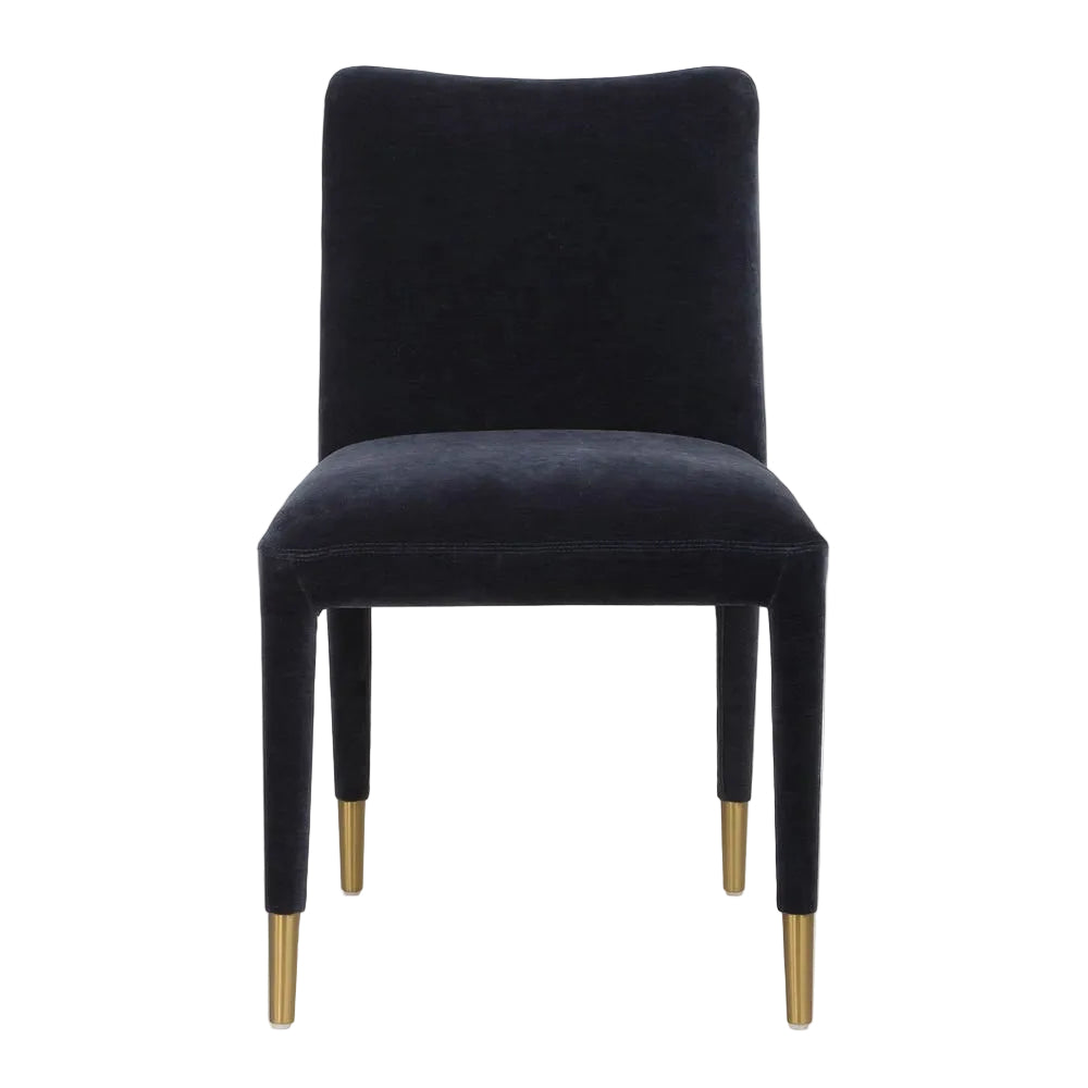 Navy blue velvet chair with gold legs on a white background