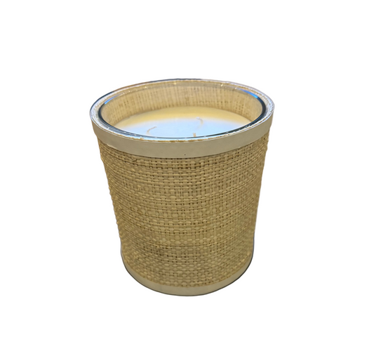 Candle in Natural Raffia Basket w/ Leather Trim